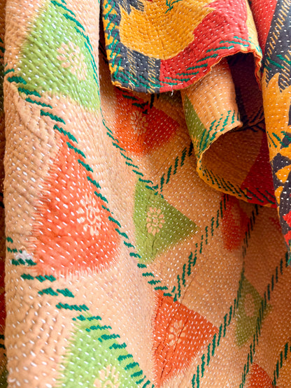 Extra Large Embroidered Vintage Kantha Quilt in Orange and Green