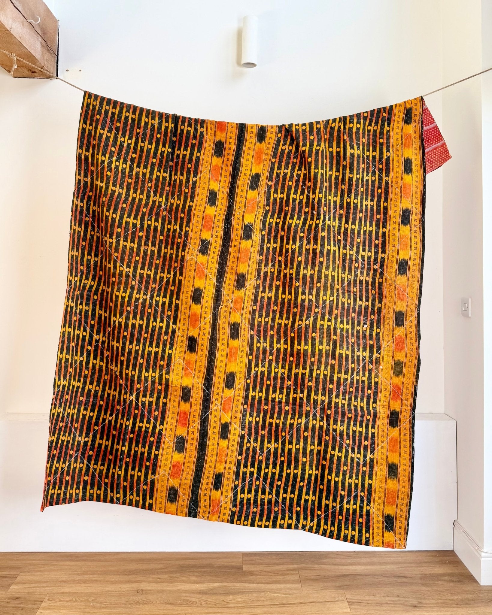 Large Fine Stitched Vintage Kantha Quilt in Orange, Black and Pink - Biggs & Hill
