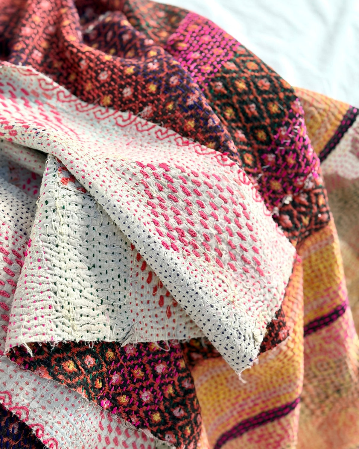 Embroidered Vintage Kantha Quilt in Pink and White - Biggs & Hill