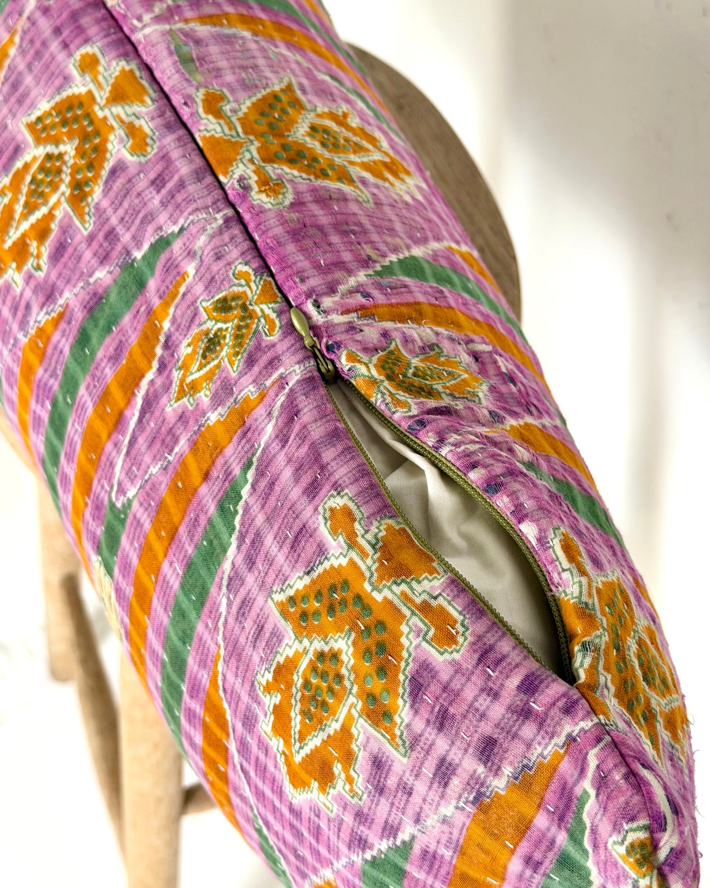 Vintage Kantha Bolster Cushion Cover In Green and Purple 30 x 100cm