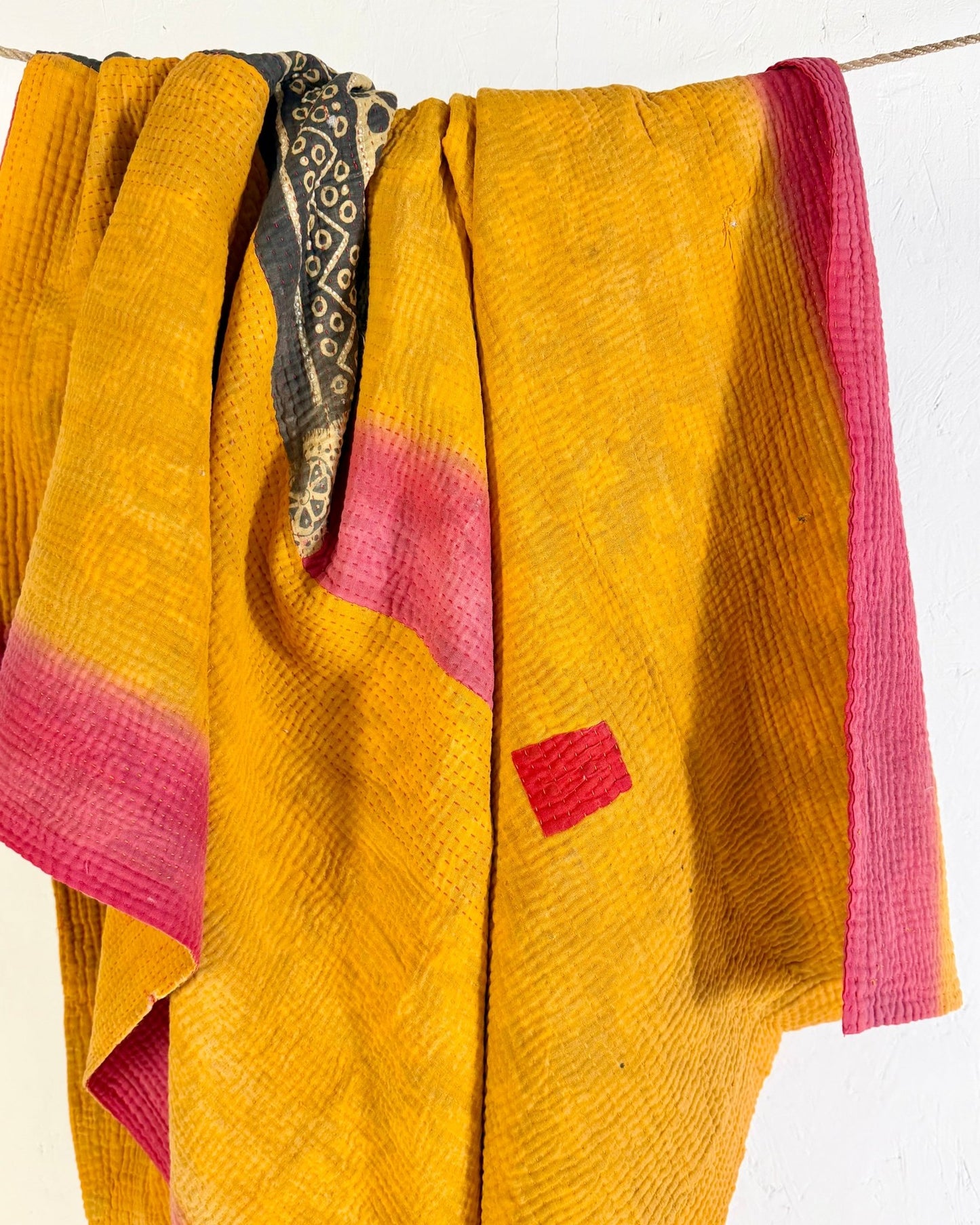Fine Stitched Vintage Kantha Quilt in Vibrant Pink and Yellow with Dot Pattern - Biggs & Hill