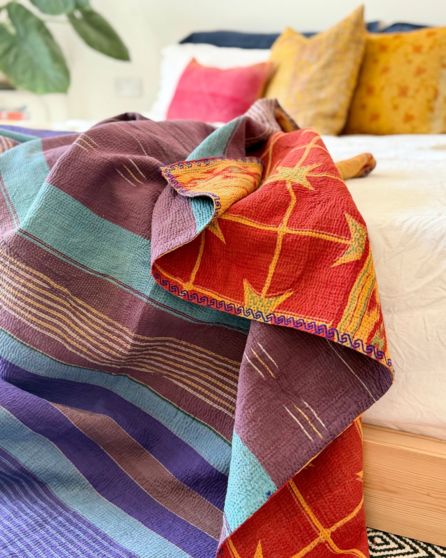 Extra Large Fine Stitched Vintage Kantha Quilt in Mustard Yellow, Red and Blue