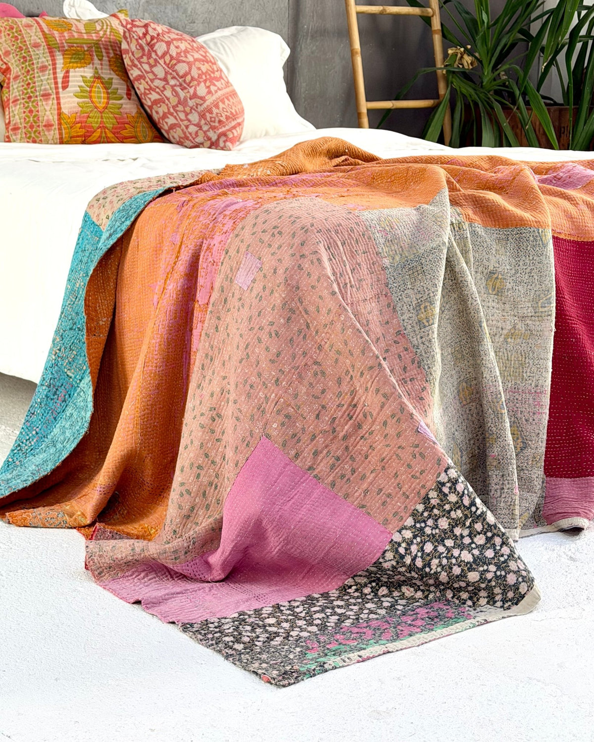 Textured Vintage Kantha Quilt in Patchwork Pink, Orange and Blue - Biggs & Hill