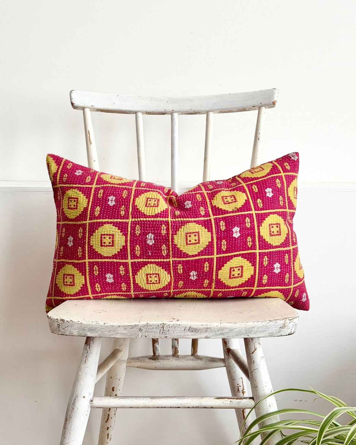 Vintage Kantha Cushion Cover In Lime Green and Pink - Small Rectangular - Biggs & Hill