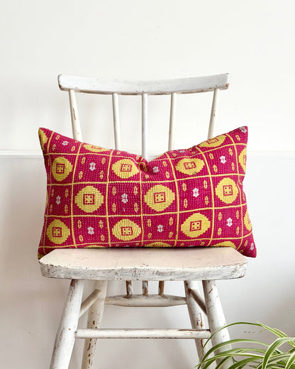 Vintage Kantha Cushion Cover In Lime Green and Pink - Small Rectangular - Biggs & Hill