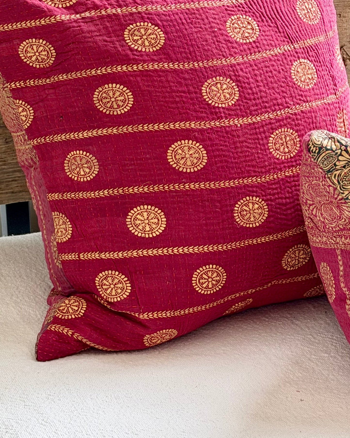 Vintage Kantha Cushion In Burgundy and Gold Dots - 45cm Square