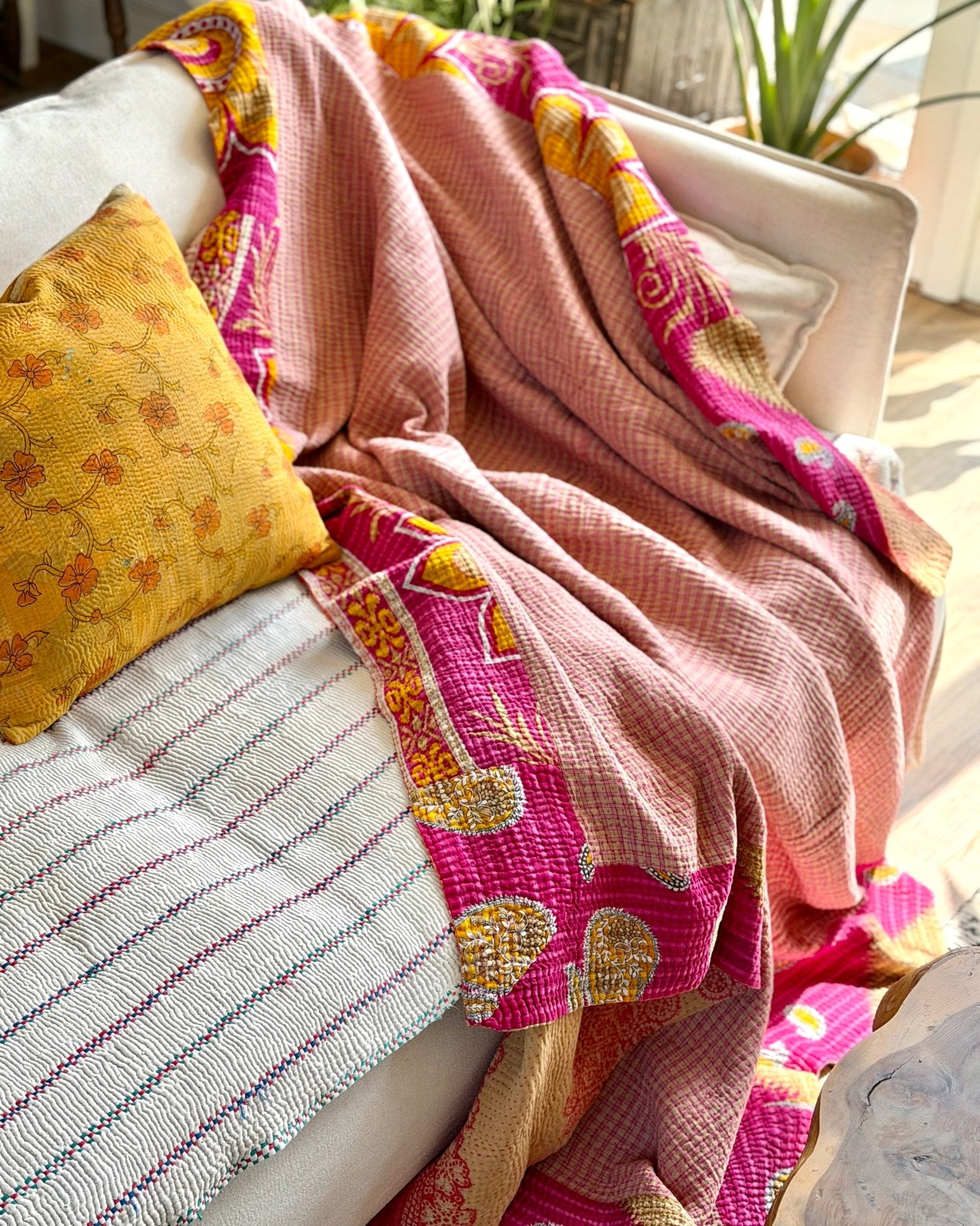 Large Fine Stitched Vintage Kantha Quilt in Pink and Peachy Orange - Biggs & Hill