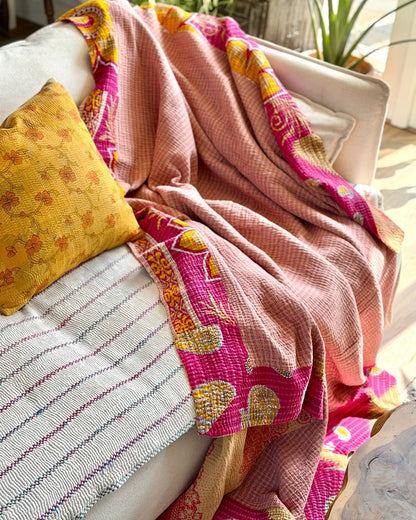 Large Fine Stitched Vintage Kantha Quilt in Pink and Peachy Orange - Biggs & Hill