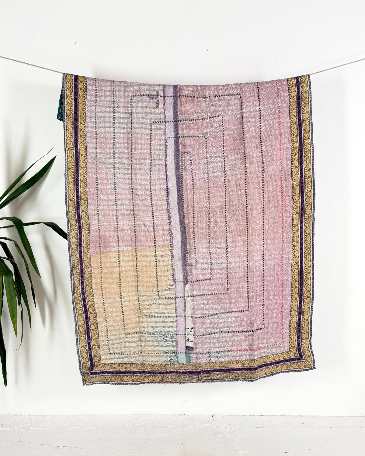 Embroidered Vintage Kantha Quilt in Pink and Turquoise - Biggs & Hill