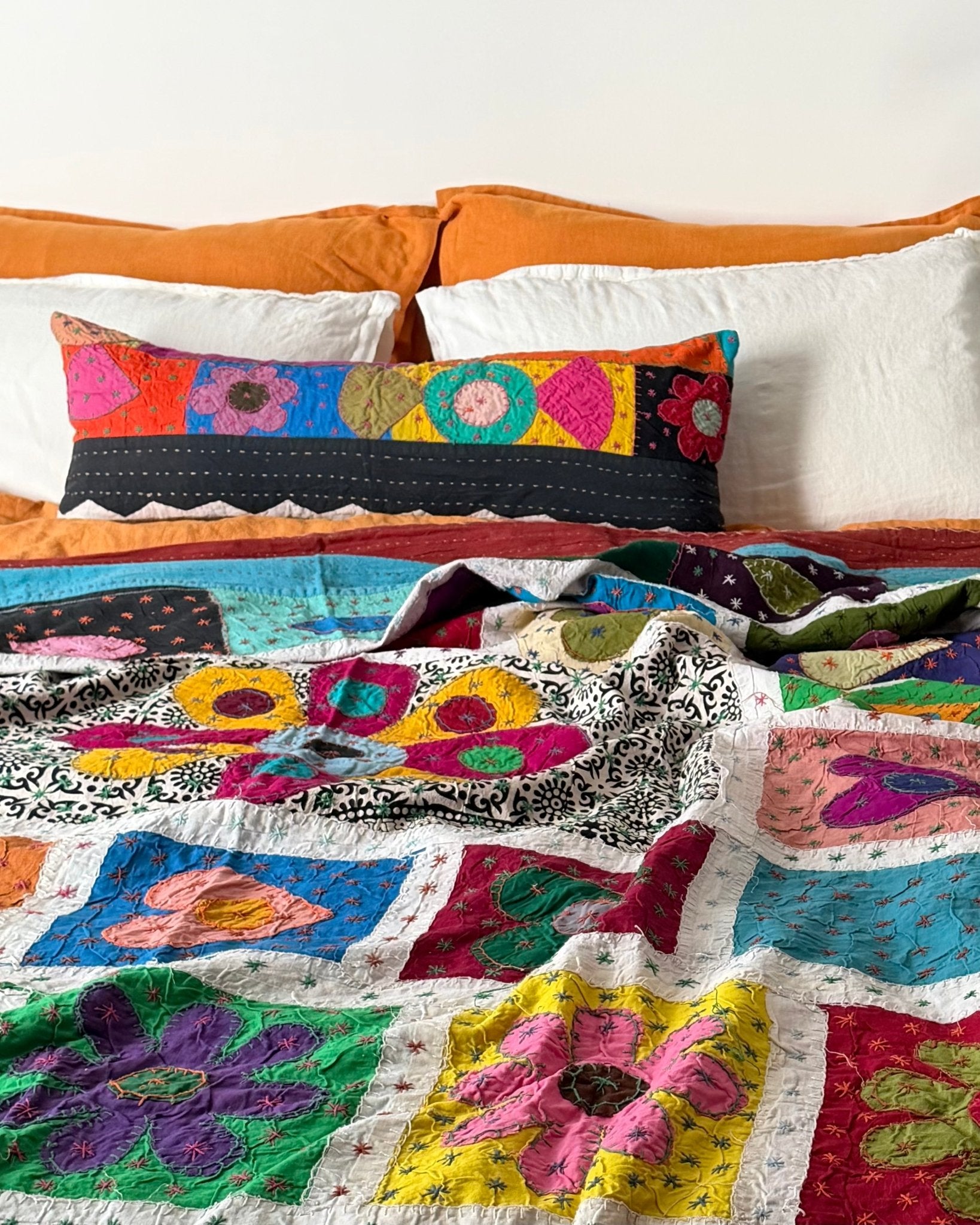 Patchwork Hand Stitched Reversible Bolster Cushion 03 - 80cm - Biggs & Hill