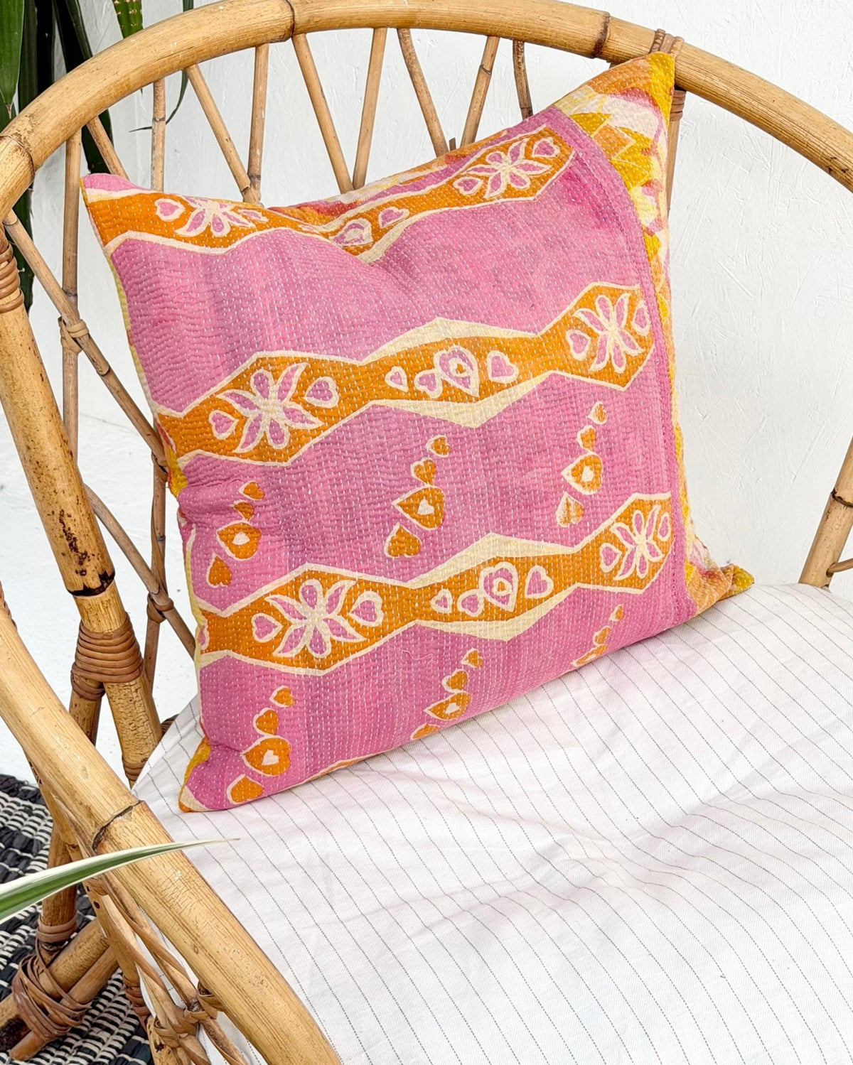 Handmade Reversible Vintage Kantha Cushion Cover In Pink and Yellow - 45cm (18") - Biggs & Hill