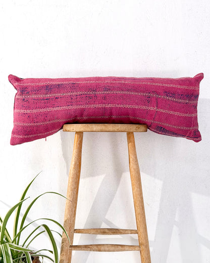 Vintage Kantha Bolster Cushion Cover In Pink With Embroidered Stripes - 80cm