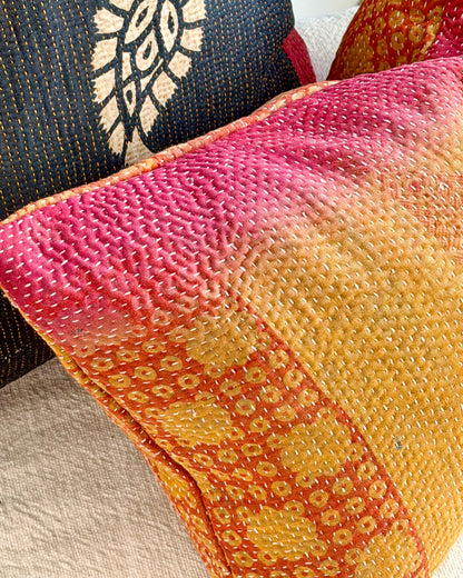 Vintage Kantha Cushion In Pink and Yellow - Small Rectangular