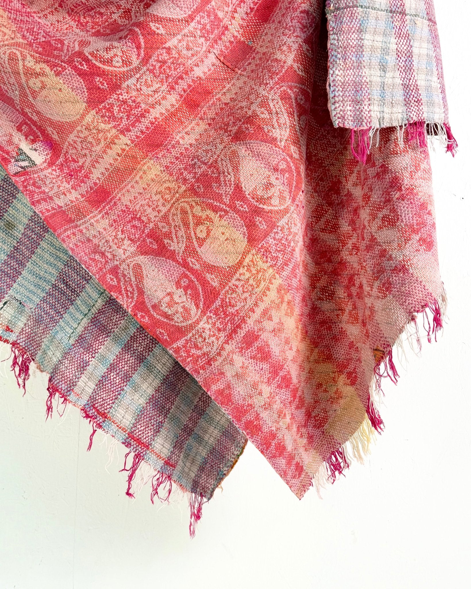 Heavy Kantha Blanket Quilt With Pink Stripes - Biggs & Hill
