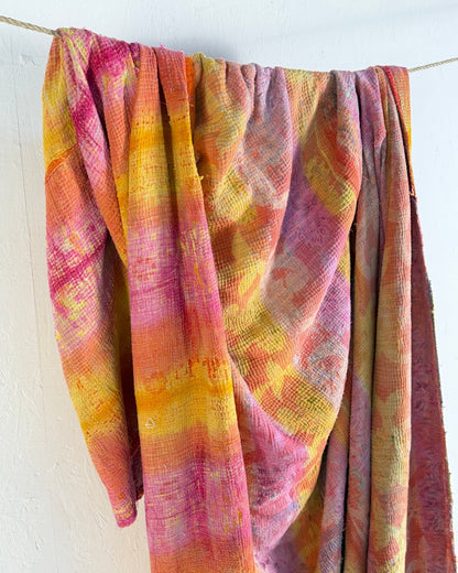 Large Fine Stitched Vintage Kantha Quilt in Pink and Yellow - [BED Pictures] - Biggs & Hill