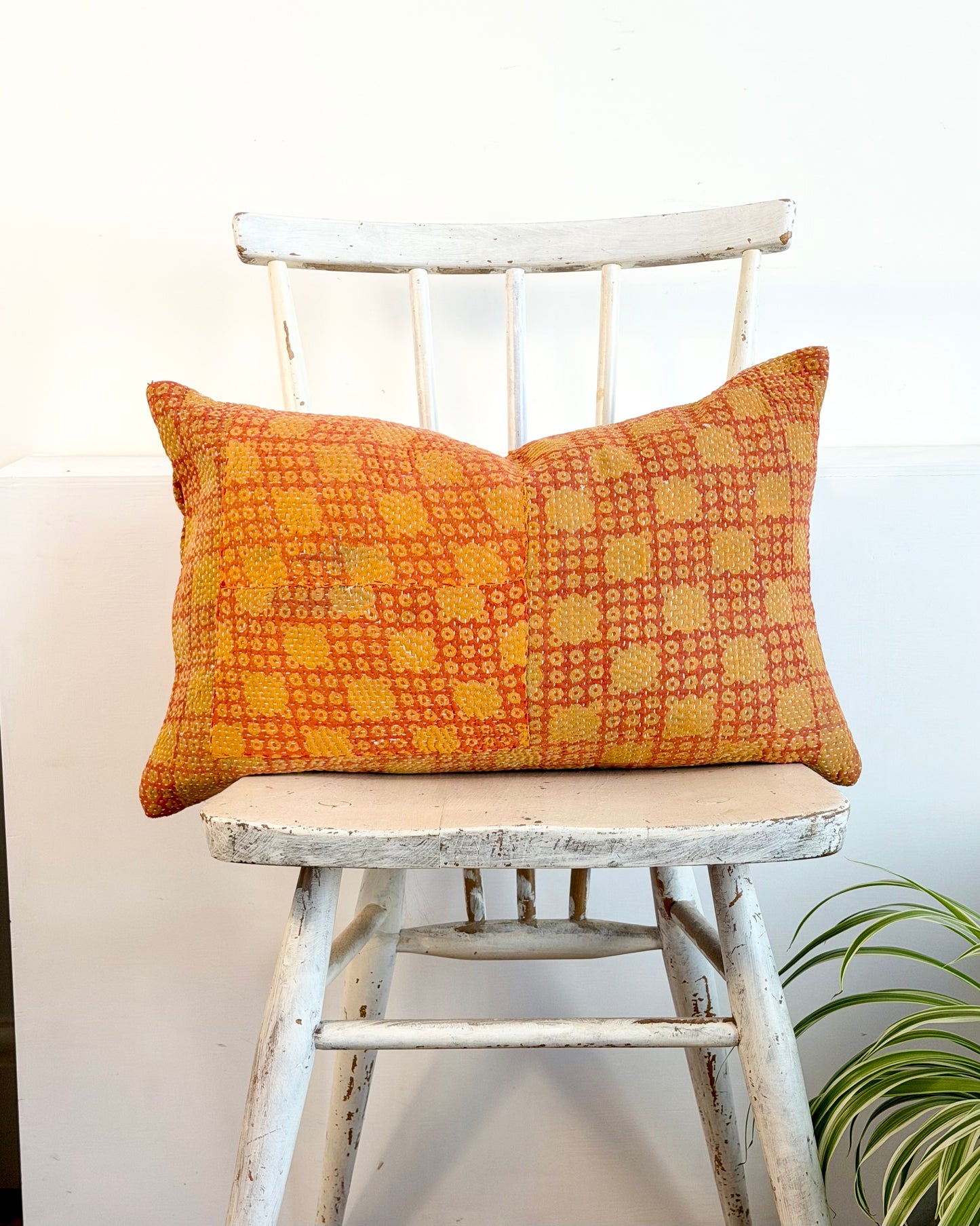 Vintage Kantha Cushion In Pink and Yellow - Small Rectangular