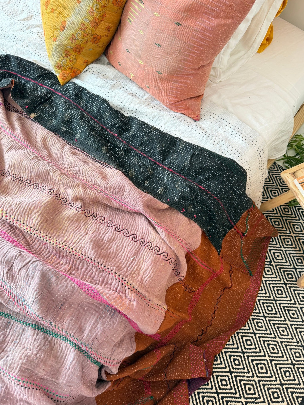 Extra Large Fine Stitched Embroidered Vintage Kantha Quilt in Pink and Brown - [studio pictures] - Biggs & Hill