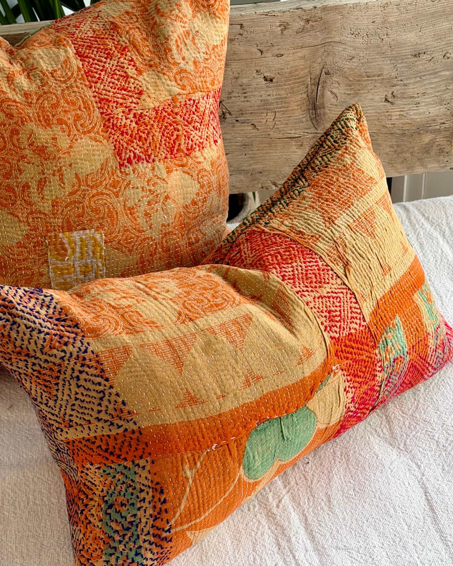 Vintage Kantha Cushion In Orange and Green - Small Rectangular