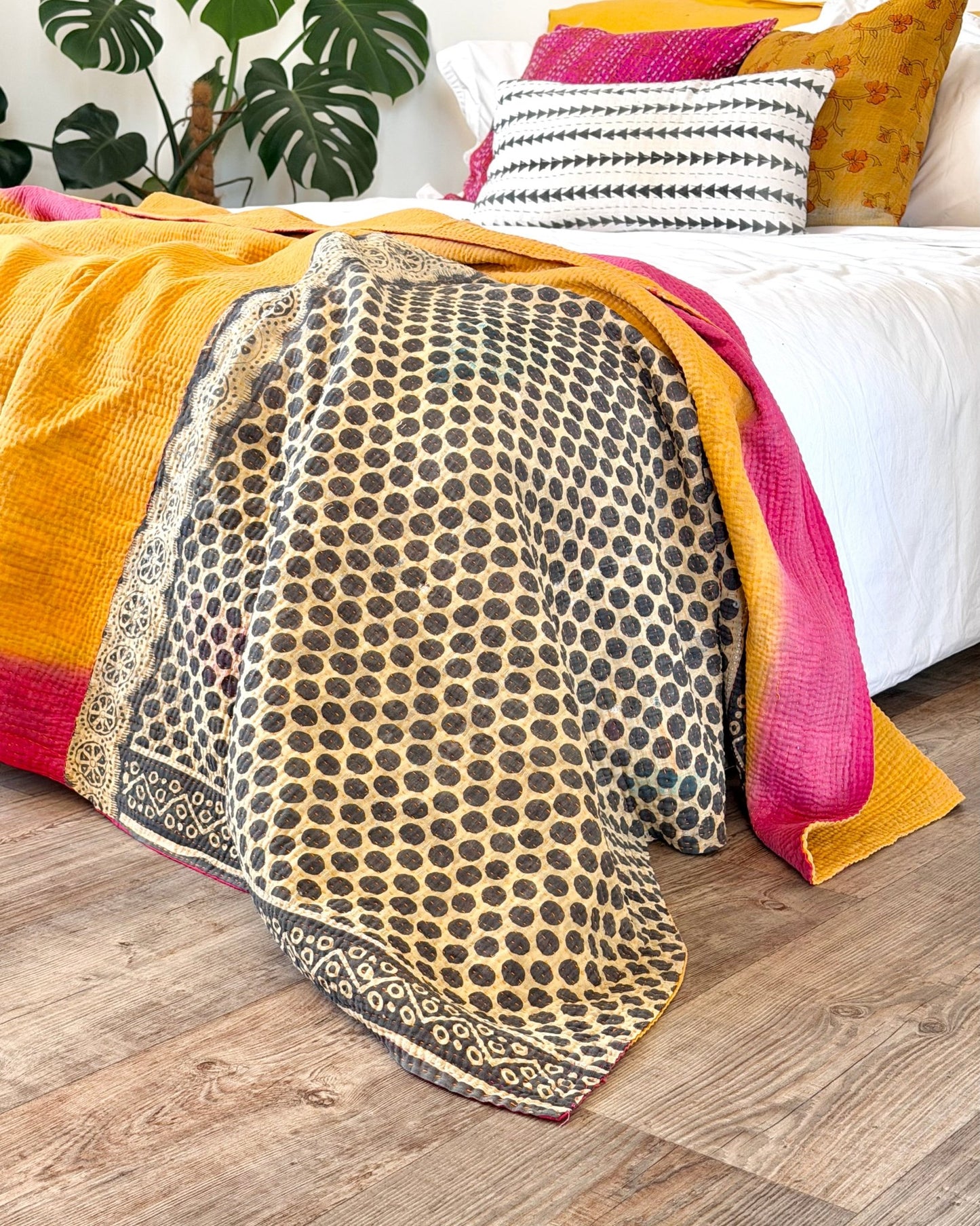 Fine Stitched Vintage Kantha Quilt in Vibrant Pink and Yellow with Dot Pattern - Biggs & Hill