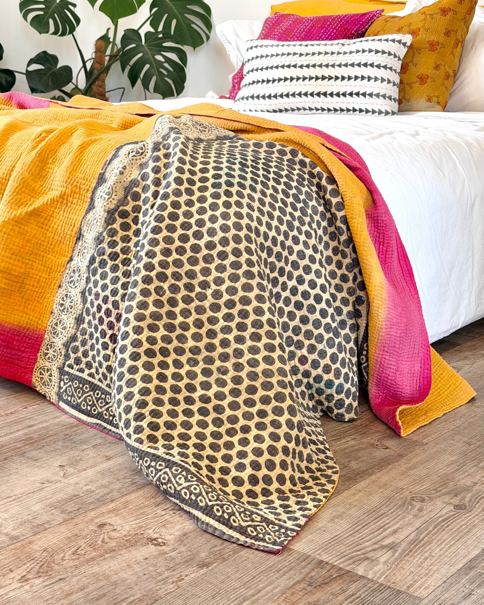 Fine Stitched Vintage Kantha Quilt in Vibrant Pink and Yellow with Dot Pattern - Biggs & Hill
