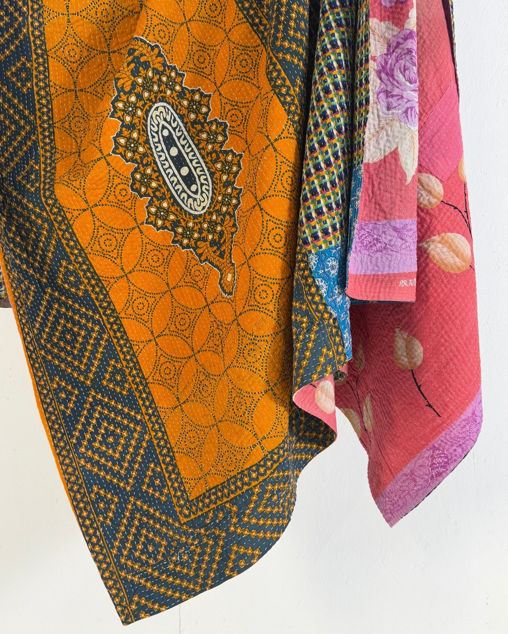 Extra Large Fine Stitched Vintage Kantha Quilt in Pink Floral, Yellow and Blue - Biggs & Hill