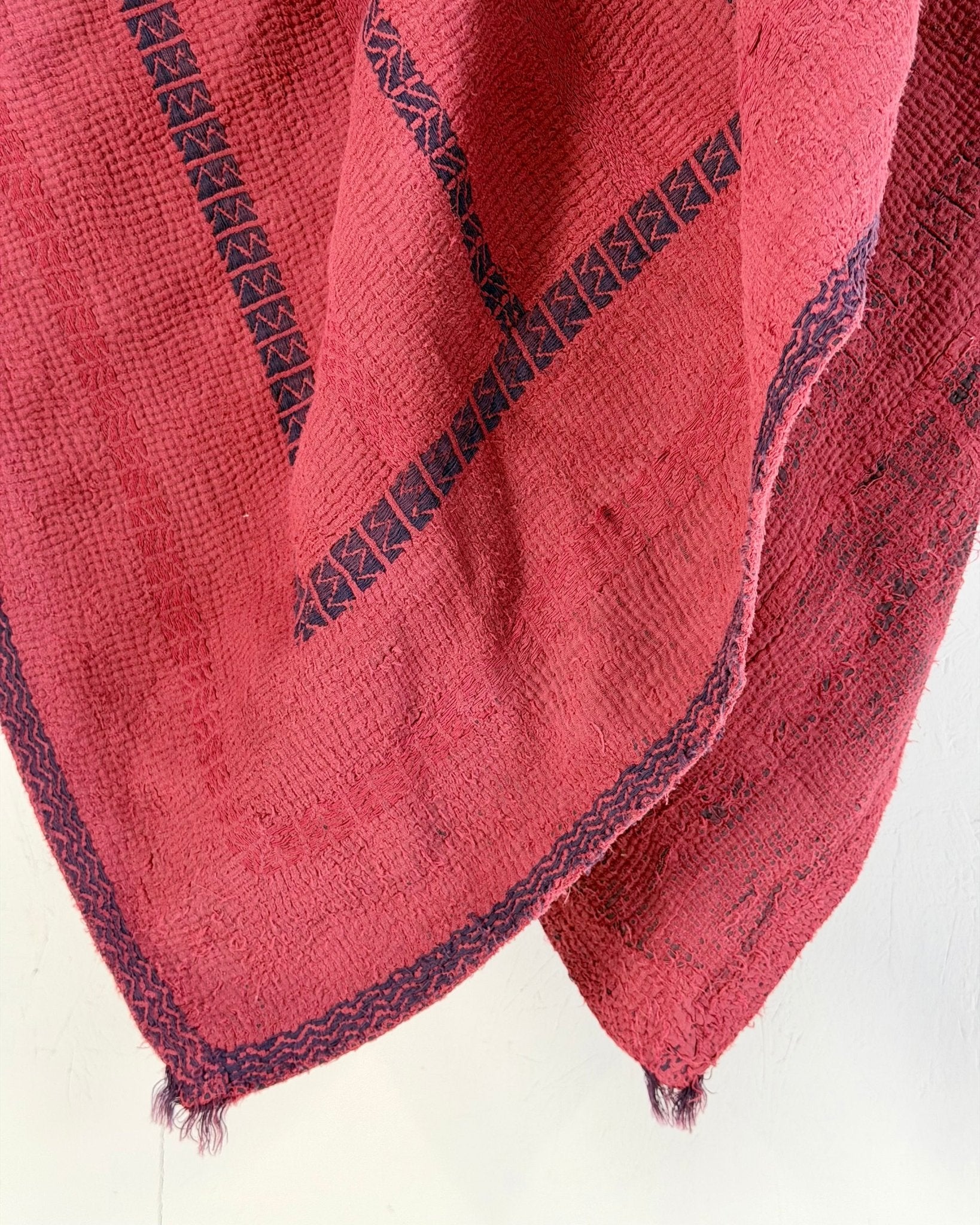 Fine Stitched Embroidered Vintage Kantha Quilt in Deep Plum Red - Biggs & Hill