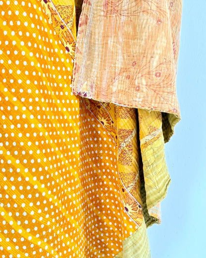 Large Fine Stitched Vintage Kantha Quilt in Yellow and Orange - Biggs & Hill