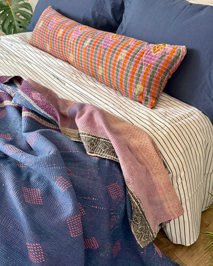 Heavy Fine Stitched Embroidered Vintage Kantha Quilt in Blue and Pink