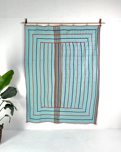 Large Fine Stitched Embroidered Vintage Kantha Quilt in Bahama Blue - Biggs & Hill