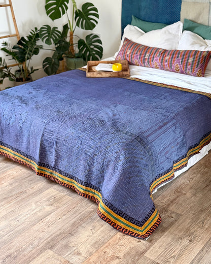 Indigo Print Kantha Quilt With Border