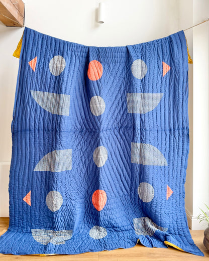 Quilted Kantha In Blue and Yellow With Geometric Patterns - SUPER KING - Biggs & Hill