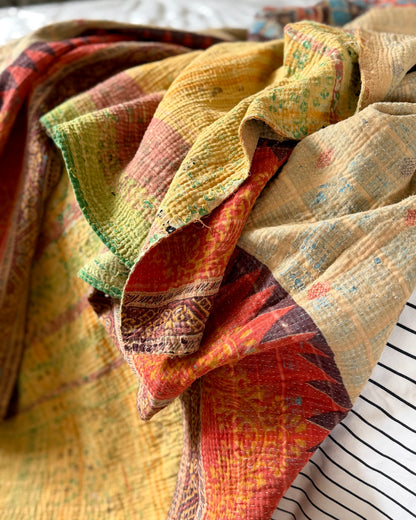 Large Textured Vintage Kantha Quilt In Soft Yellow and Orange