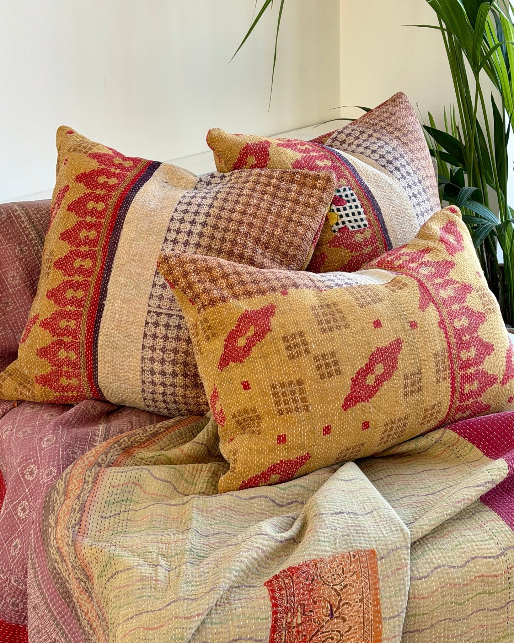 Handmade Vintage Kantha Cushion In Mustard Yellow And Red - Large Rectangular - Biggs & Hill