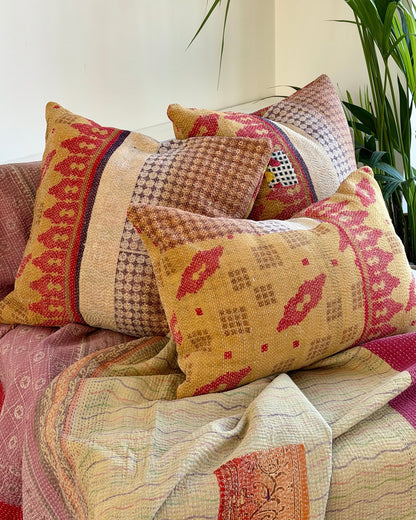 Handmade Vintage Kantha Cushion In Mustard Yellow And Red - Large Rectangular - Biggs & Hill
