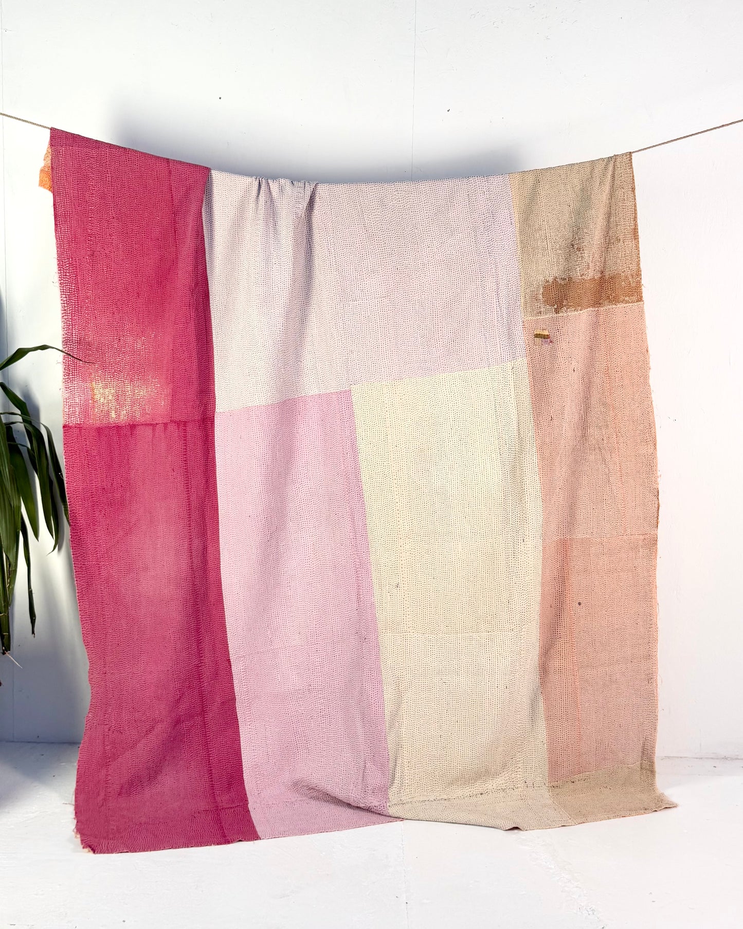 Extra Large Textured Vintage Kantha Quilt in Pink Colour Block and Peachy Pastels