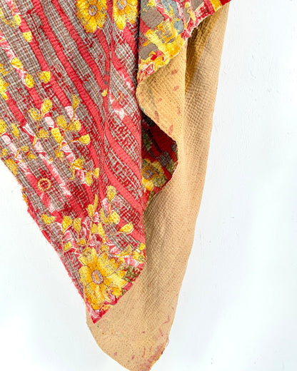 Extra Large Fine Stitched Vintage Kantha Quilt in Red and Yellow - Biggs & Hill