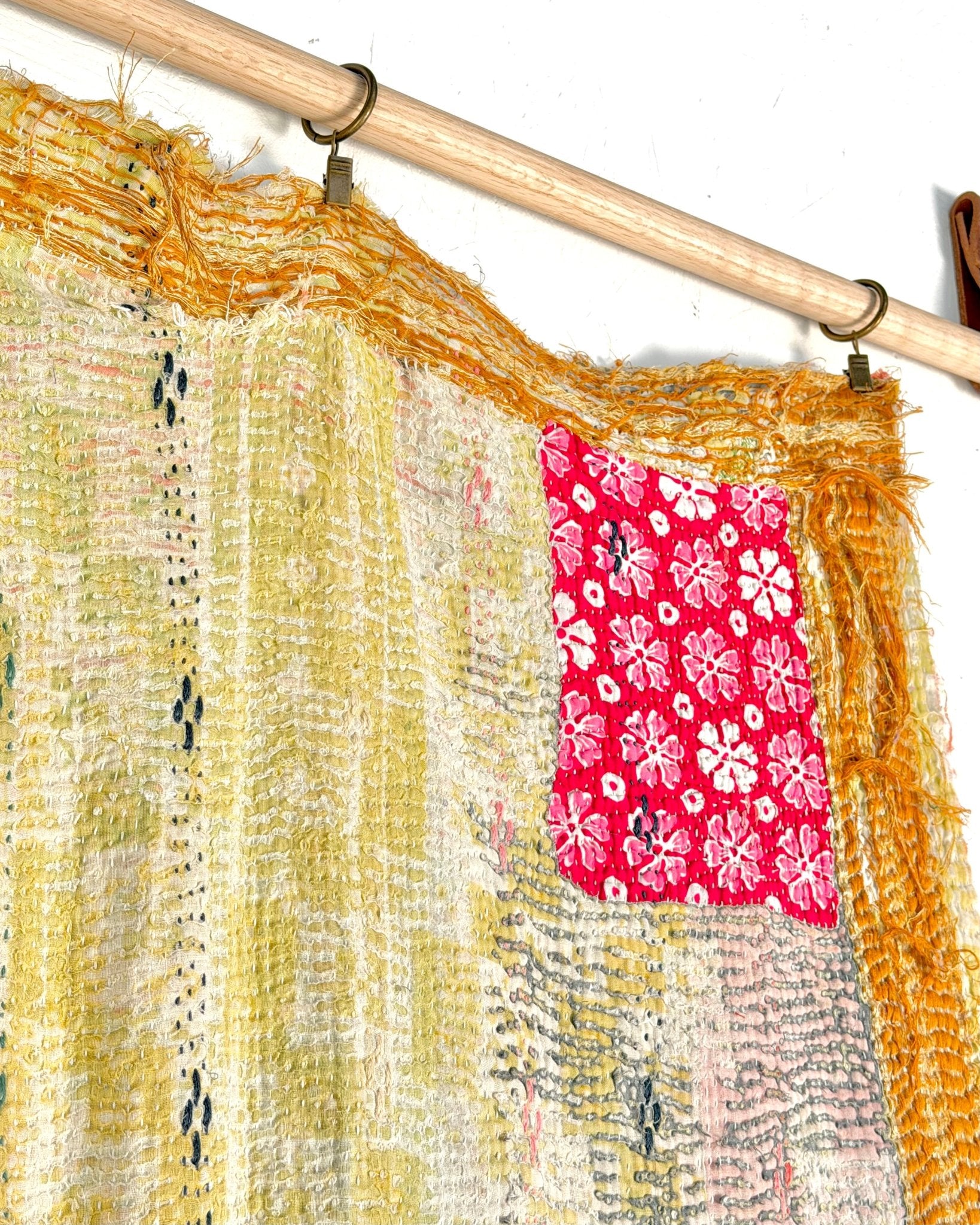 Textured Vintage Kantha Quilt In Blue and Gold - Biggs & Hill