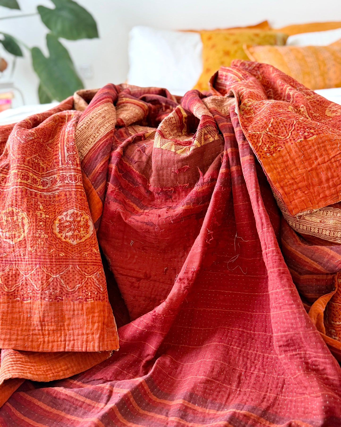 Extra Large Ajrakh Printed Vintage Kantha Quilt In Deep Red