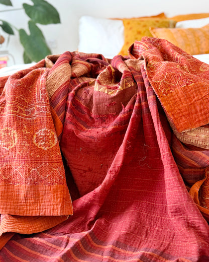 Extra Large Ajrakh Printed Vintage Kantha Quilt In Deep Red