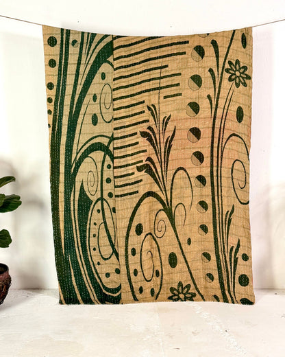 Vintage Cotton Kantha Quilt In Olive Green and Red 08 - Biggs & Hill