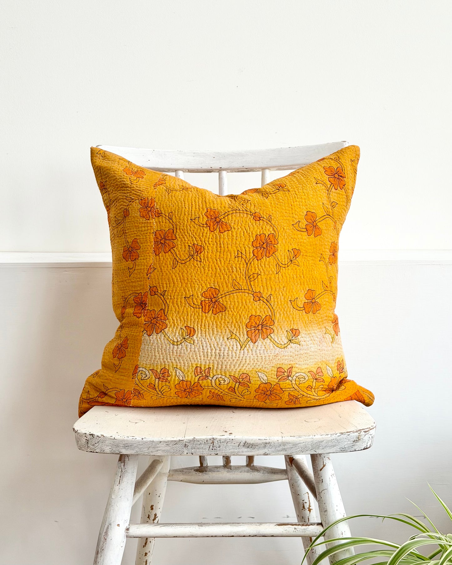 Vintage Kantha Cushion In Yellow Floral - 45cm Square