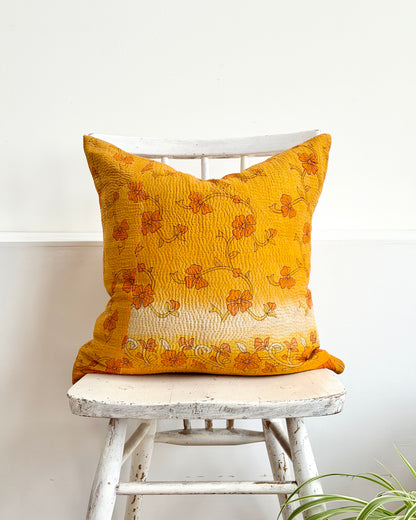 Vintage Kantha Cushion In Yellow Floral - 45cm Square