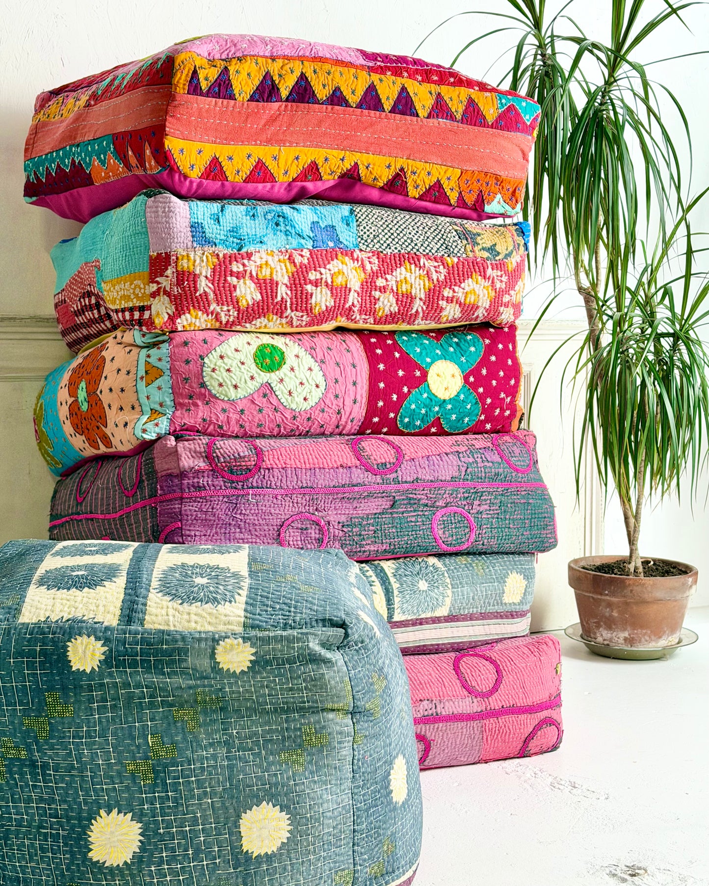 Cube Kantha Pouf Cushion Cover With Blue and Purple Stripes