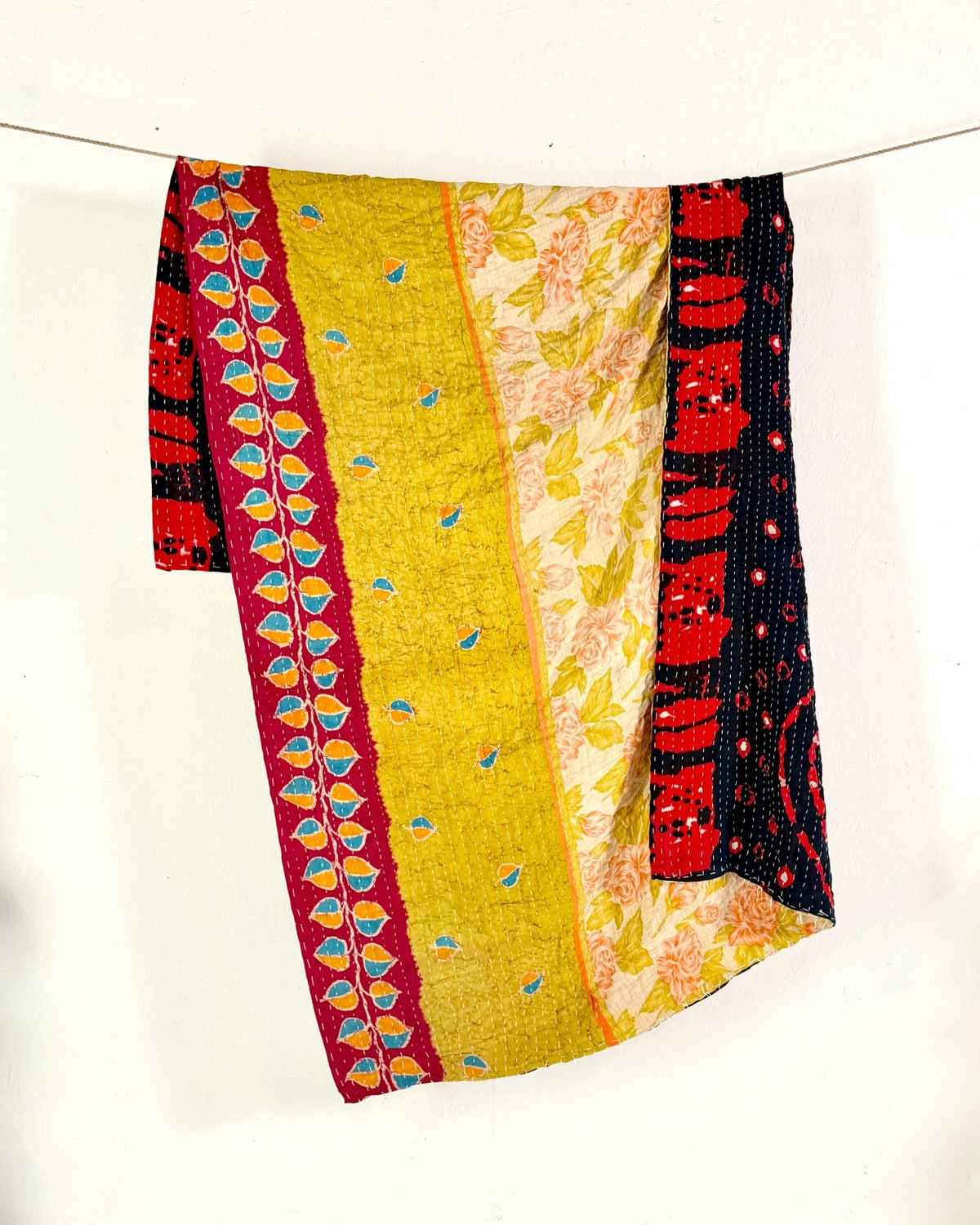 Vintage Cotton Kantha Quilt In Yellow, Black and Red 05 - Biggs & Hill