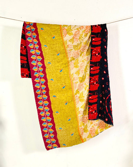 Vintage Cotton Kantha Quilt In Yellow, Black and Red 05 - Biggs & Hill