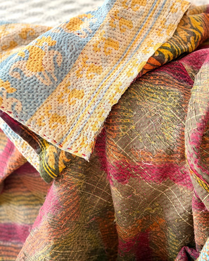 Large Textured Vintage Kantha Quilt in Geometric Pink and yellow - Biggs & Hill