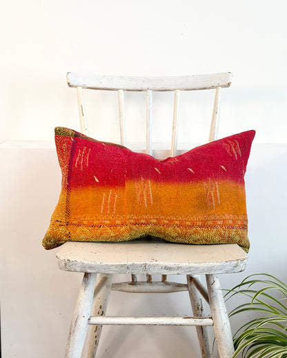 Vintage Kantha Cushion In Red Orange and Green - Small Rectangular