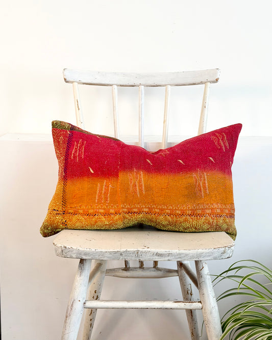 Vintage Kantha Cushion In Red Orange and Green - Small Rectangular