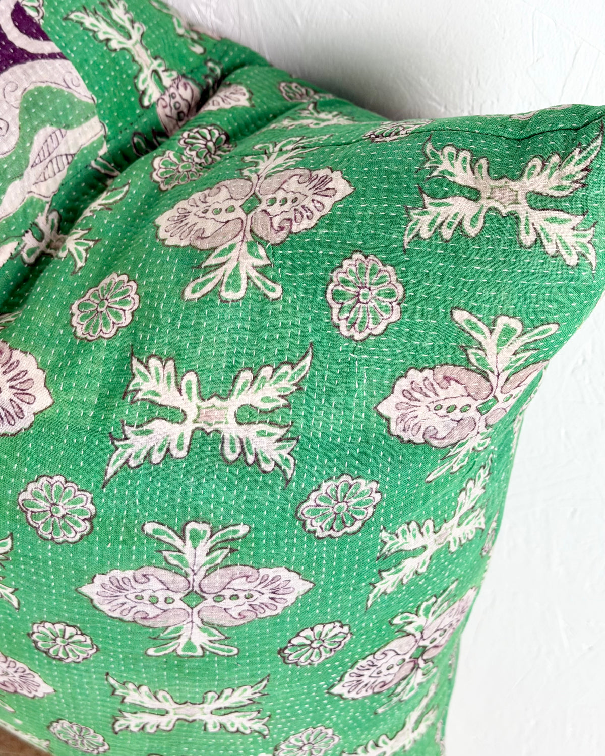 Handmade Vintage Kantha Cushion Cover In Green and Purple - 45cm (18") Square