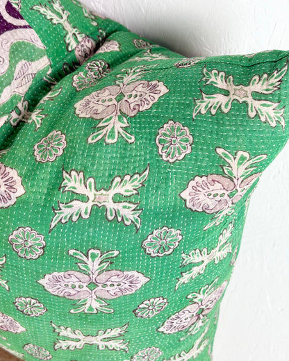 Handmade Vintage Kantha Cushion Cover In Green and Purple - 45cm (18") Square
